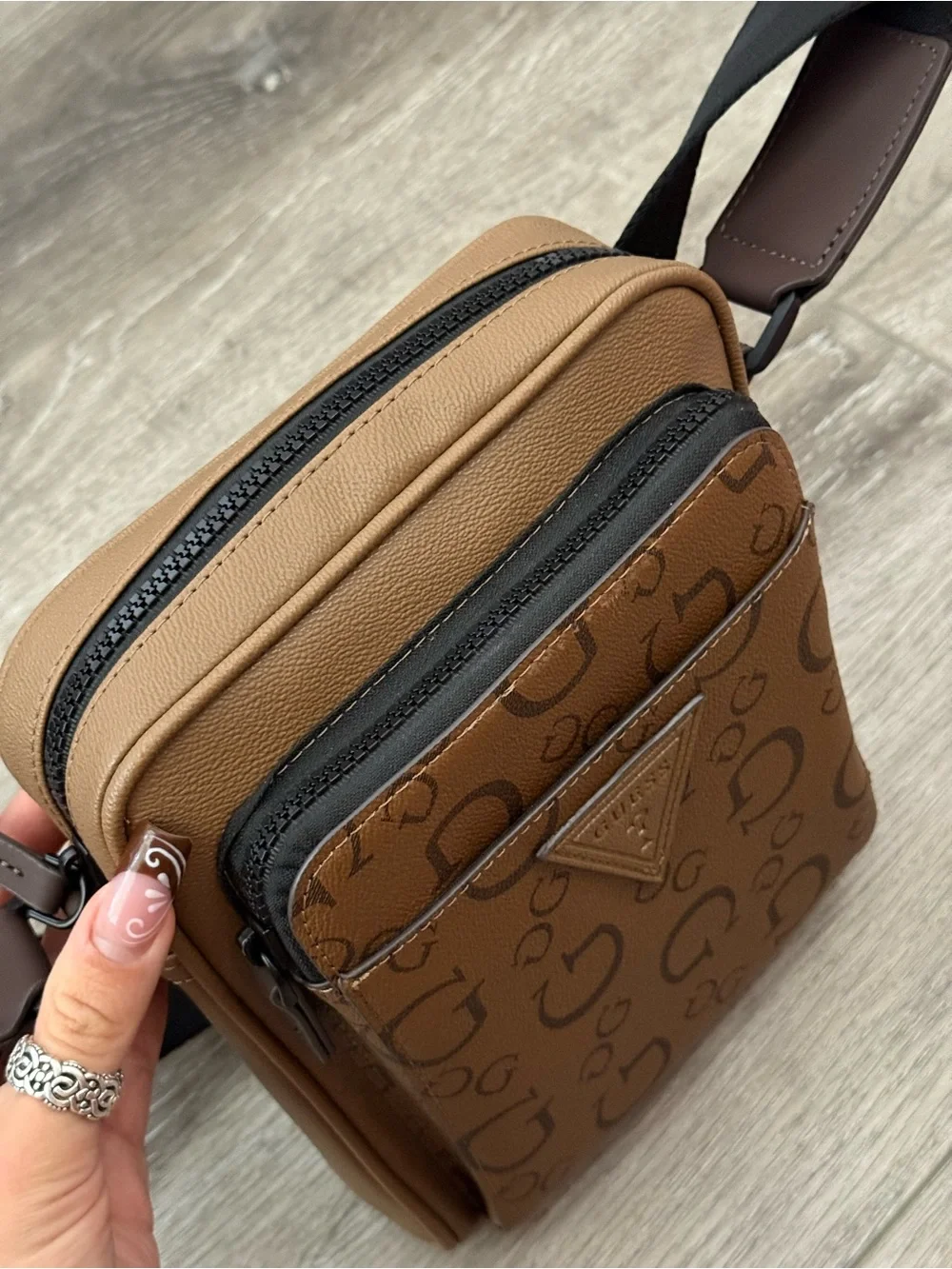 GUESS Men’s Tan/Brown Monogram Messenger Crossbody